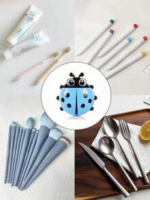 Toothbrush Holder, Ladybug Pattern Toothbrush Holder, Wall-Mounted Toothbrush Storage Rack, Suction Cup Bathroom Storage Box, Multi-Functional Toothpaste And Toothbrush Holder, Wall-Mounted Makeup Brush And Comb Storage Rack - Multicolor - View 6