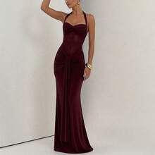 Burgundy Halter Neck Mermaid Maxi Dress, Ruched Tie Waist & Bodycon Silhouette For Formal Evening PartyBreathable - Burgundy - View 1