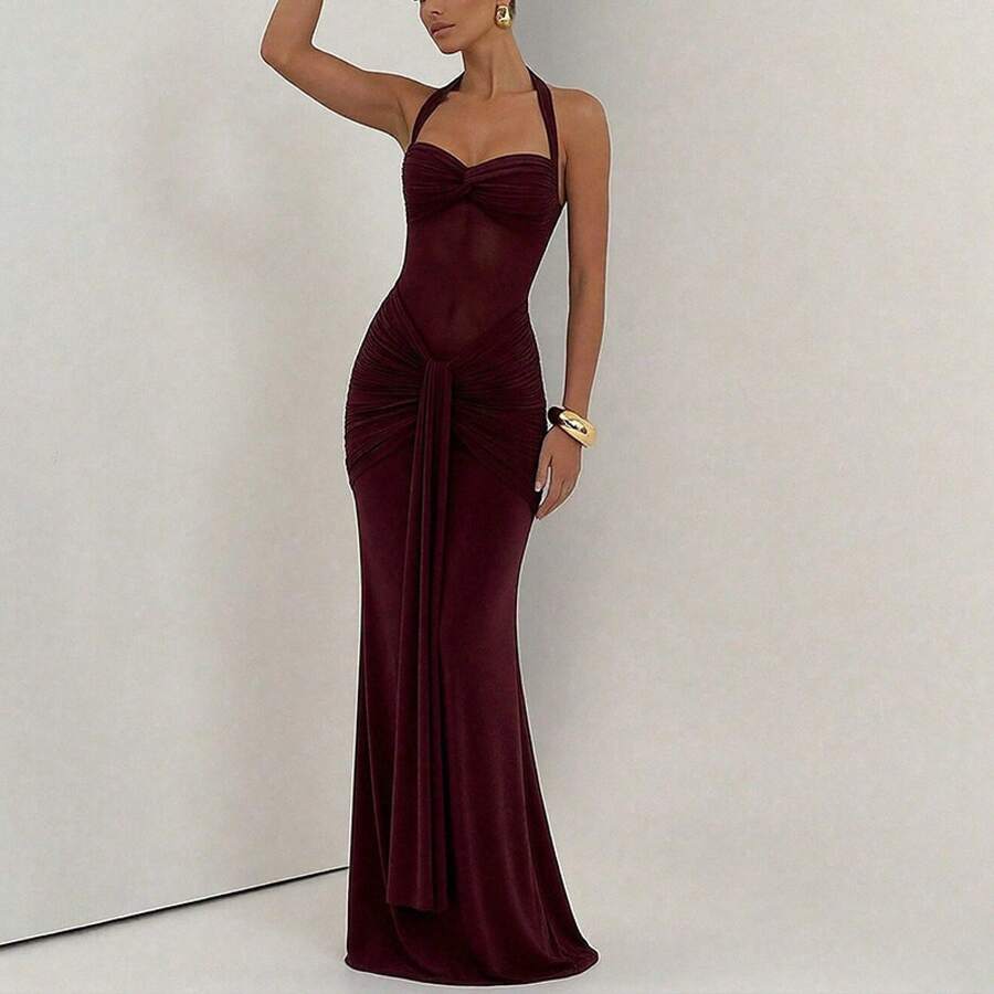 Burgundy Halter Neck Mermaid Maxi Dress, Ruched Tie Waist & Bodycon Silhouette For Formal Evening PartyBreathable - Burgundy - View 1