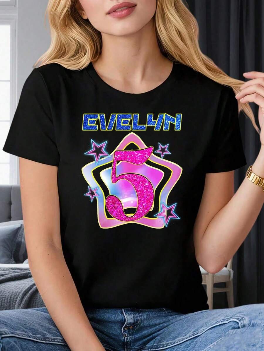 Camiseta de mujer con nombre y número personalizados con brillo, Evelyn 5, regalo de fiesta de cumpleaños para niños y adolescentes, 220g