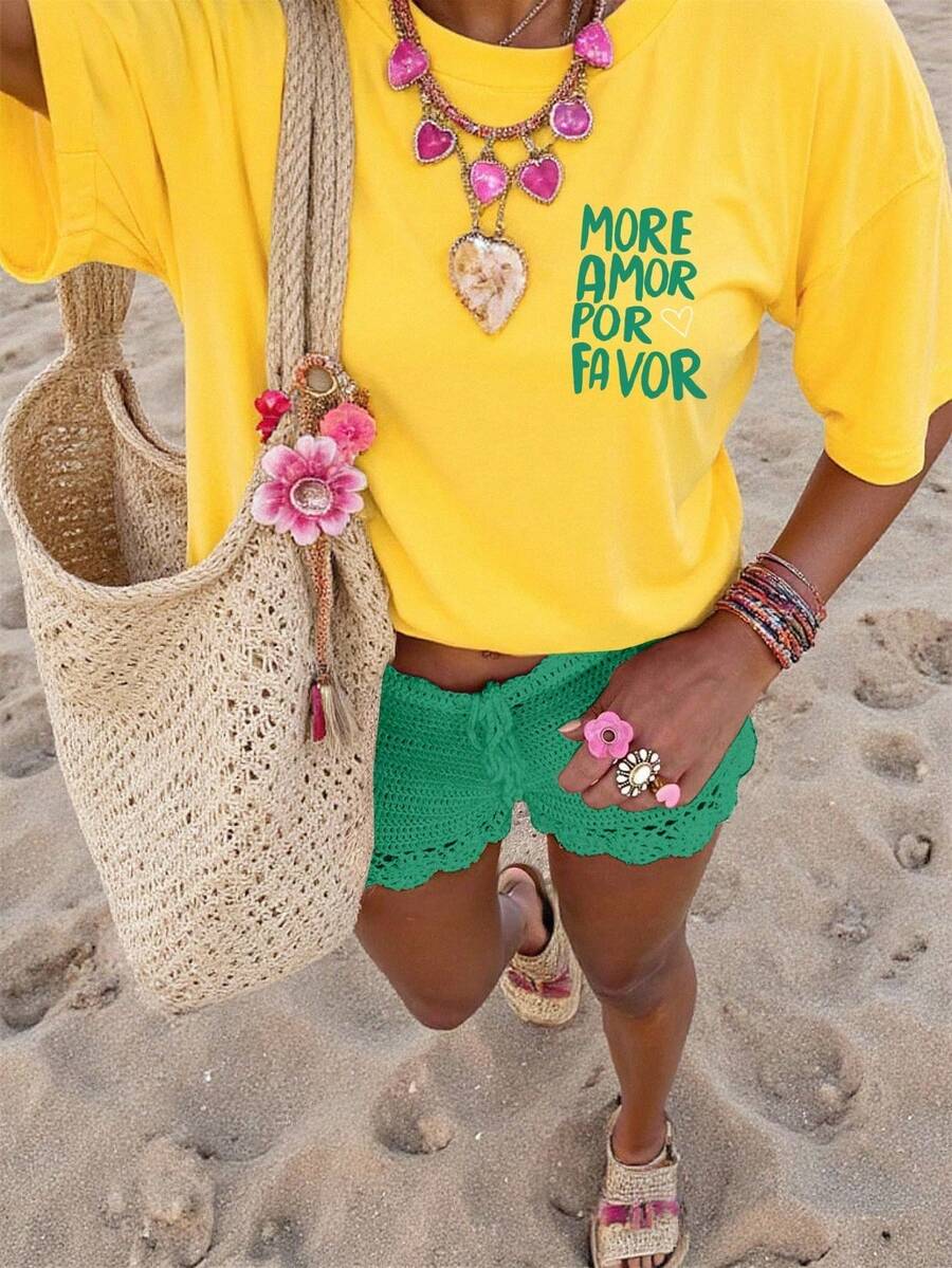 Women's 180g (Sizes S-XXXL), Casual Urban Summer Vacation Clothing, Short Sleeve Graphic T-Shirt, Funny Colorful Text T-Shirts, Personalized T-Shirt For Mom - 黃色 - 查看 1