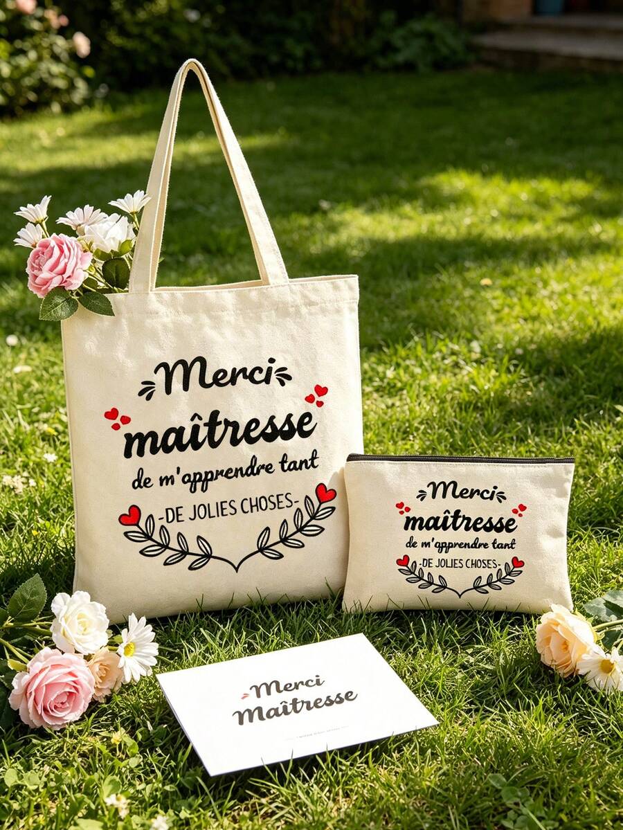 中性法語老師禮物托特包 - 印有「Merci Maîtresse」花卉圖案,優雅時尚女款單肩包與化妝包,輕便旅行托特包,ATSEM畢業禮物,法語老師節禮物,迷人多功能收納包,適合購物、返校和日常使用,新學年禮物、畢業禮物或返校季,新學年/老師節創意禮物 - 彩色 - 查看 1