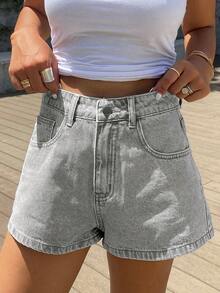 Teen Girls' Casual Washed Denim Shorts With Elastic Waistband, Versatile Design Suitable For Daily Wear Or School - Light Grey - View 2