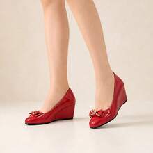 Geeyea Ladies' Wedge Heels, High Heels, PU Synthetic Leather Bowknot Thick-Soled Shoes, Slip-On Shoes Suitable For Office, Dating, And Parties - 紅色 - 查看 4