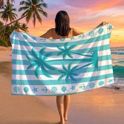 1pc Coconut Tree Print Beach Towel, Suitable For Summer Travel, Outdoor Camping, Beach, Swimming, Beach Vacation
