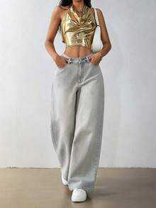 IDYLLIC Pantalones baggy Wide leg jeans mujer Vaqueros pantalón ropa casual lavada con agua cintura alta pantalones vaqueros pantalon de mezclilla dama pantalones cargo de mujer - azul real - Ver 3