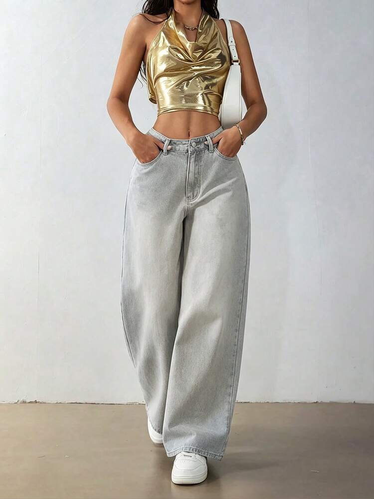 IDYLLIC Pantalones baggy Wide leg jeans mujer Vaqueros pantalón ropa casual lavada con agua cintura alta pantalones vaqueros pantalon de mezclilla dama pantalones cargo de mujer - azul real - Añade 3