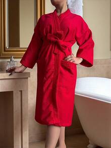 UNISEX BATHROBE, WIDE AND LONG, EXCELLENT ABSORPTION, MICRO-TOWEL FABRIC (COTTON WITH MICROFIBER) - 紅色 - 查看 2