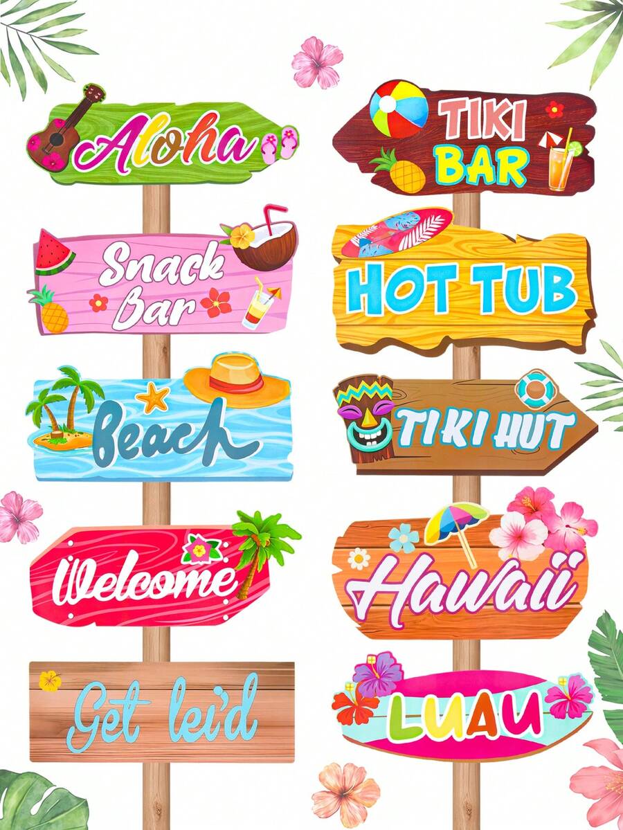 10入夏威夷盧奧方向指示牌，Aloha Tiki酒吧海灘歡迎庭院牌，熱帶夏季夏威夷派對裝飾，嬰兒淋浴裝飾，生日裝飾，夏威夷主題生日派對用品，室內/室外裝飾，夏季裝飾，拍照道具，派對小禮物