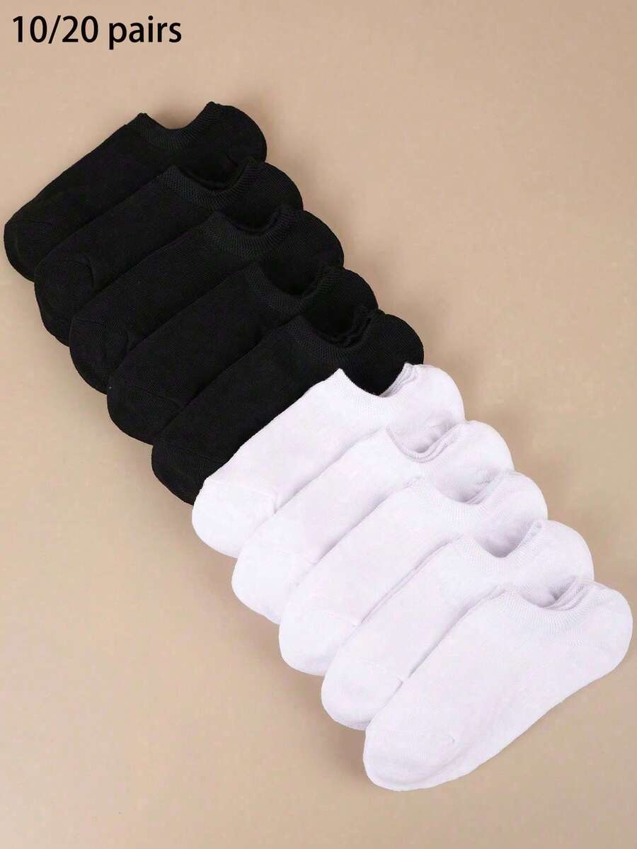 10/20 Pairs Multicolor Women's No-Show Boat Socks, Summer Thin Breathable Low-Cut Anti-Slip Non-Slip Heel Invisible Short Socks - Black and White - View 1