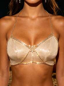 1pc Minimalist Party Top For Women With Chest Chain, Sexy Nightclub Bikini Hollow Rhinestone Accessory - Gold - View 2