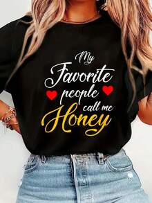 Mi gente favorita me llama Honey Camiseta Camiseta Estampado gráfico Camiseta sólida, Blusa casual de manga cortarrimavera y verano, Camisetas gráficas para mujeres - Negro - Ver 2
