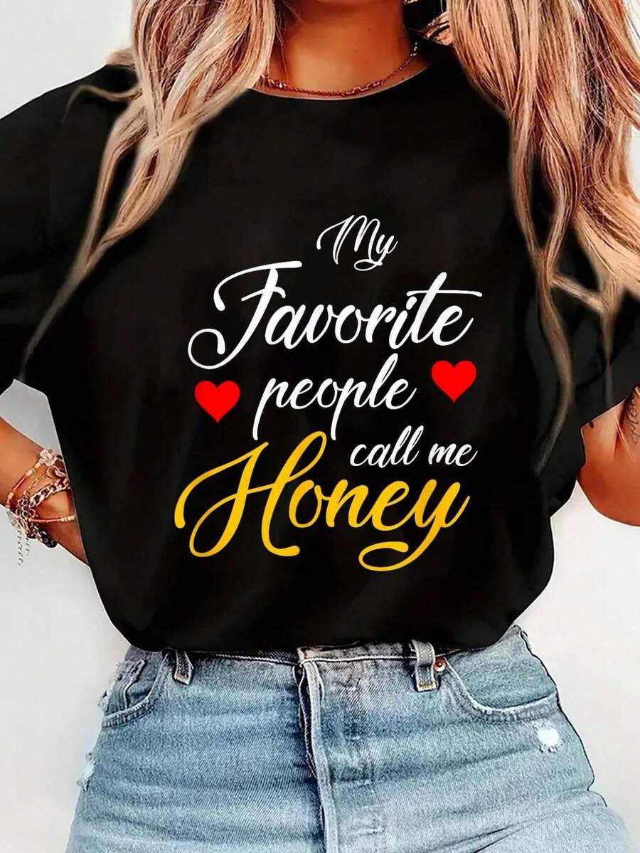 Mi gente favorita me llama Honey Camiseta Camiseta Estampado gráfico Camiseta sólida, Blusa casual de manga cortarrimavera y verano, Camisetas gráficas para mujeres