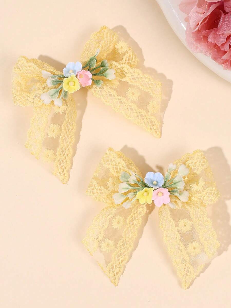 2pcs Yellow Floral Embroidered Lace Hair Clips, Exquisite Embroidered Daisy Hair Clips, Sweet Forest Style Teen Hair Accessories, Spring/Summer - Yellow - View 1