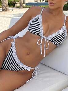 Women's Striped Ruffle Trim Tie Side Bikini Set Triangle Top Two Piece Swimsuit For Beach  Vacation - Black - View 1