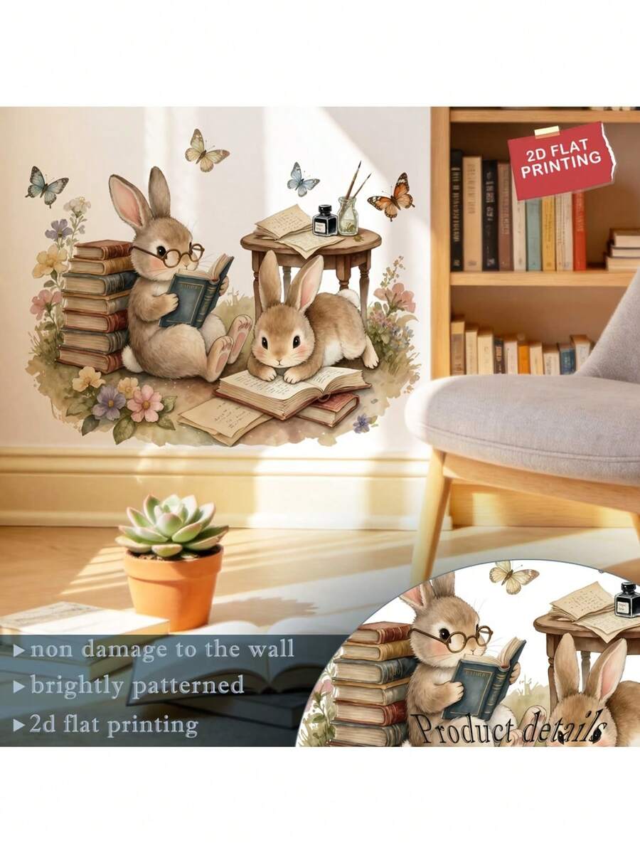 1pc Reading Rabbit Flower Butterfly Wall Sticker, Self-Adhesive Removable PVC Decal, Creative DIY Study Room Background Wall Decor, Home Wall Art Arrangement - Rabbit, Flower, Butterfly - View 1