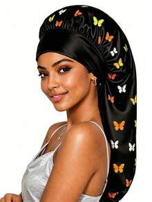 CONFLASS 2pcs Satin Butterfly Print Long Sleep Cap, Luxury Satin Silk Sleep Cap With Adjustable Drawstring, Comfortable Fit, Christmas Gift Hair Sleep Cap Sleep Bonnet - Multicolor - View 17