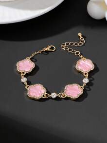 1pc Luxury Elegant Charming Glamorous Summer Vacation Style Sparkling Gentle Pink Sweet Five-Leaf Clover Women's Bracelet (No Gift Box) - Pink - View 4