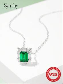SYMFNY 1pc 925 Sterling Silver Fashion Luxury Elegant Green Emerald Cut Cubic Zirconia Pendant Necklace - Green - View 3