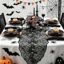 Halloween Spider Web Leaf Lace Table Runner, Durable Rectangular Polyester Tablecloth, Suitable For Holiday Parties, Dinners And Home Decor, Deep Autumn Horror Style Halloween Indoor Party Table Centerpiece Decoration - Multiple Styles - View 3
