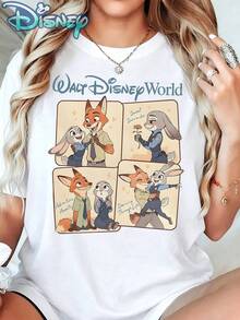 Disney Zootopia Nick & Judy, 100% Cotton Four Panel Comic Letter Crew Neck T-Shirt, Loose Basic Tee For Bestie Matching & Holiday Wear - White - View 1