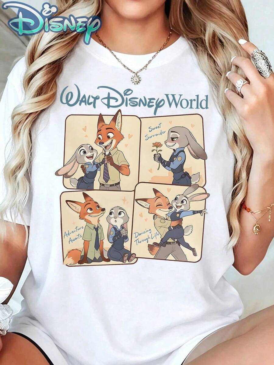 Disney Zootopia Nick & Judy, 100% Cotton Four Panel Comic Letter Crew Neck T-Shirt, Loose Basic Tee For Bestie Matching & Holiday Wear - White - View 1