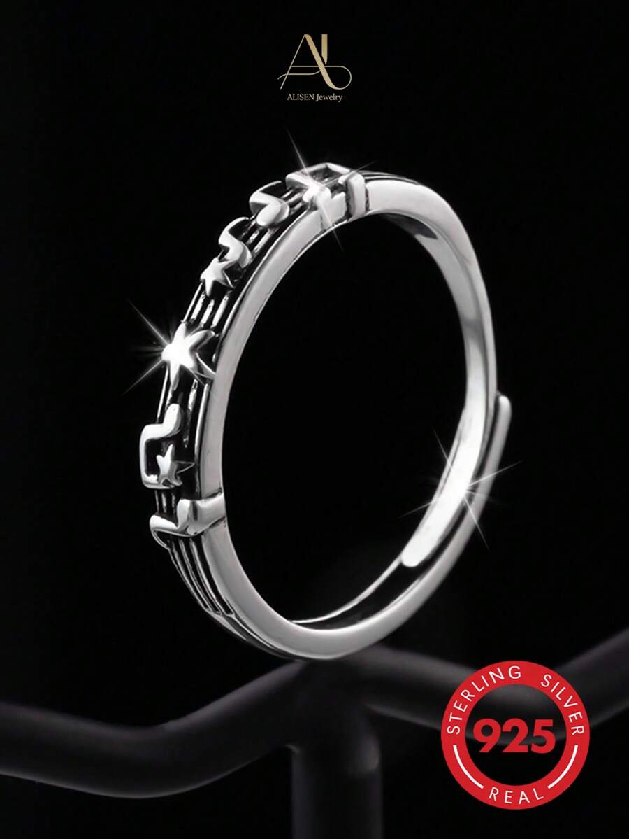 Anello regolabile in stile punk hip-hop in argento 925 con resina nera cava per donne