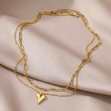1 pieza Collar de doble capa con colgante de corazón de moda, cadena de clavícula de acero inoxidable estilo vintage chapada en oro de 18k, collar para mujer adecuado para uso diario, viajes, citas - Dorado - Ver 3