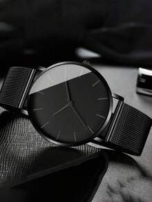 Minimalist Geneva Black Dial Red/Blue/Black Scale Men's Quartz Watch 4/1 Set, Cool Black Mesh Strap Lightweight Men's Watch Paired With Cuban Bracelet, Cross Pendant Necklace And Engraved Ring, Street Style Business Commute Dual-Use Men's Accessory Set, Father's Day Gift, Men's Birthday Gift, Graduation Back To School Gift Choice Men's Set Jewelry (Display Box Not Included) - Multicolor - View 10