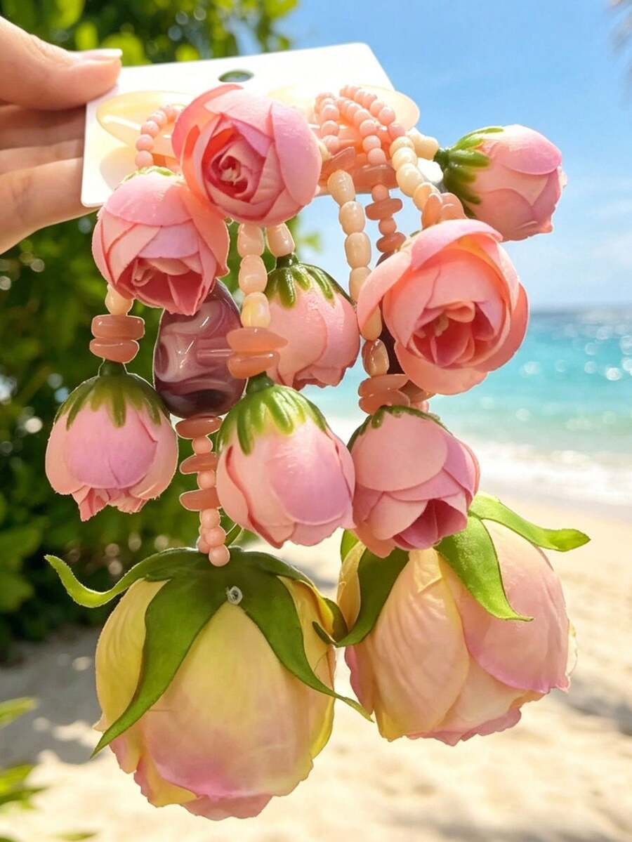 手工粉色布料玫瑰花苞流蘇耳環，夏季海灘度假風大理石樹脂圓盤多層混搭珠飾長款誇張耳環，女款