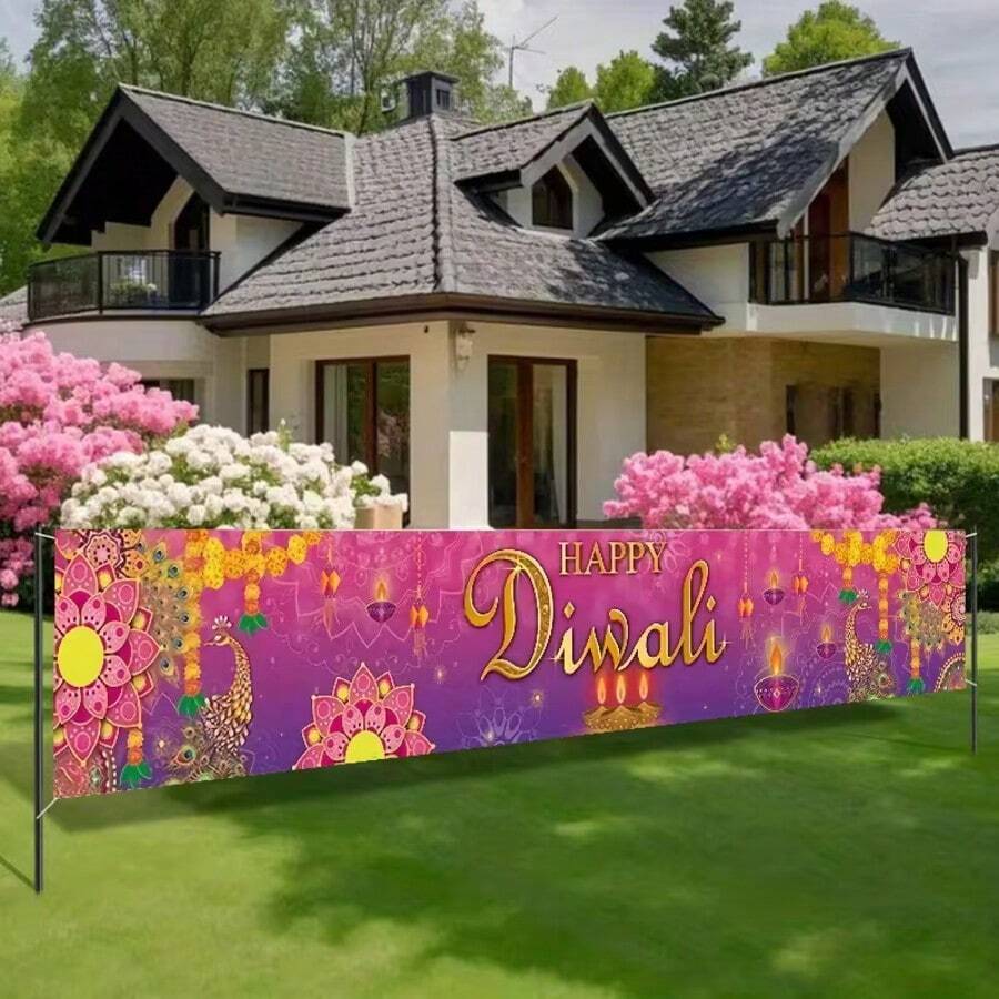 Ein 2D flaches 1-farbiges Diwali-Banner aus Polyester, dekoratives Zaunbanner und Flagge. Geeignet für Diwali-Feiern, Outdoor-Rasen und Wanddekoration sowie Outdoor- und Indoor-Partybedarf für Festival-Feiern.