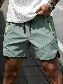 Men's Casual Summer Shorts, Solid Color Elastic Waist Drawstring Zipper Pocket Sports Pants - Army Green - View 4