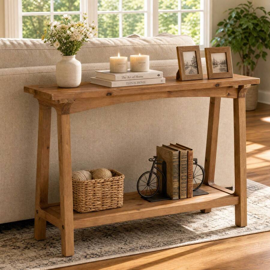 FINMIND 39.4-Inch Small Entryway Table, 2-Tier Solid Wood Sofa Table Behind The Couch - Brown - View 1
