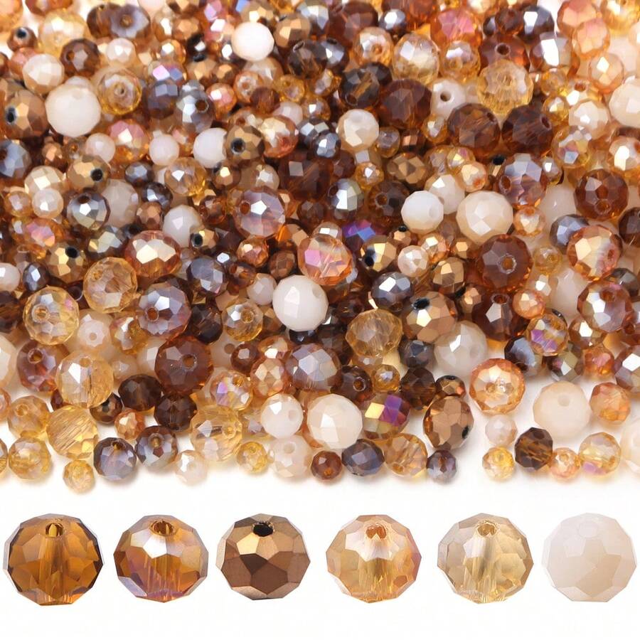 100-200pcs Brown Glass Crystal Beads Mixed Spacer Beads 4/6/8mm Classic Shiny Multi-Faceted Perforated Loose Beads, Suitable For DIY Jewelry Making, Necklace, Bracelet, Earring Craft Materials, Jewelry Making Beads, Bracelet Components, Shiny Bead Design, Exquisite Craftsmanship Beads