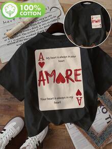 1 Pcs Elegant Casual 100% Cotton Short Sleeve T-Shirt, Retro Poker Heart Amore Graphic, Women's Daily Wear For Airport And Brunch - Black - View 2