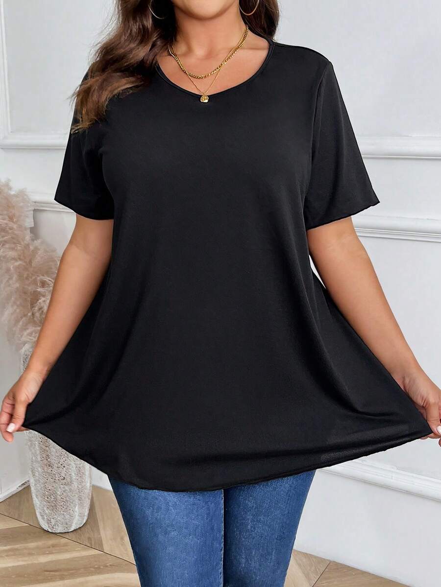 [Free 3-Day Delivery]Große Größen Einfarbig Lässig Top Mit Rundhalsausschnitt Und Kurzarm - Style1 - View 1