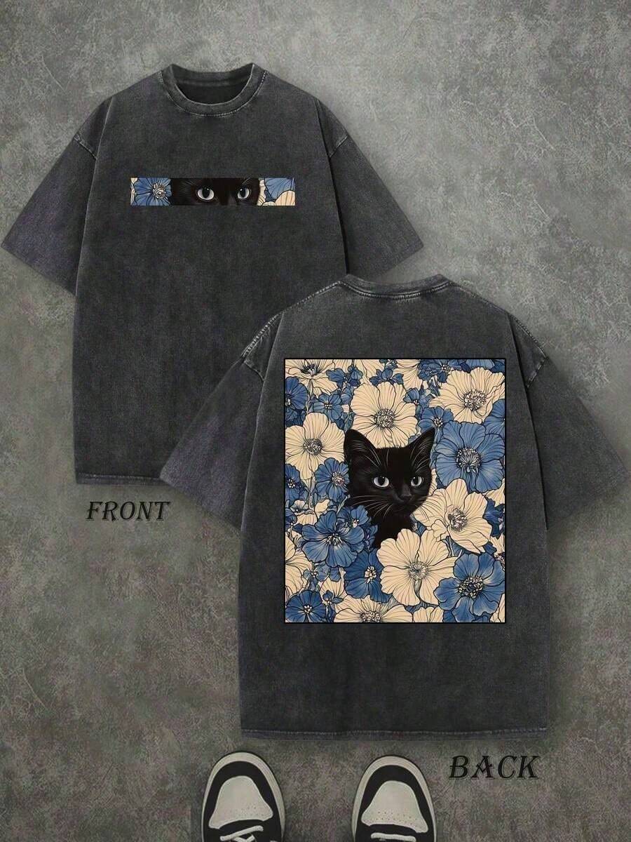 Camiseta de Hombre de Algodón Puro, Lavado Vintage, Estampado de Doble Cara con Gato y Flor, 230g, Estilo Casual y Moderno - Negro - Ver 1