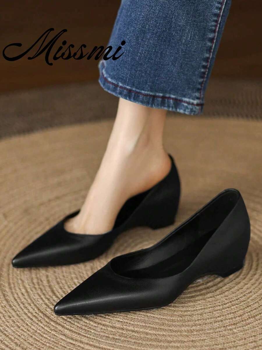 Vintage Brown Pointed Toe Flat Shoes For Women, New French Color-Blocking Low Vamp Platform Shoes, All-Season,Wedge Heels