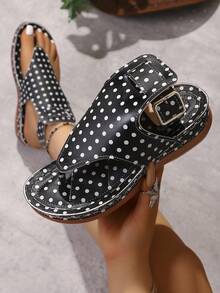 Women's Fashion Polka Dot Comfortable Stitched Buckle Wedge Platform Sandals With Toe Loop Mule Style (Polyurethane Sole With Small Air Holes) Random Pattern - Black - View 9