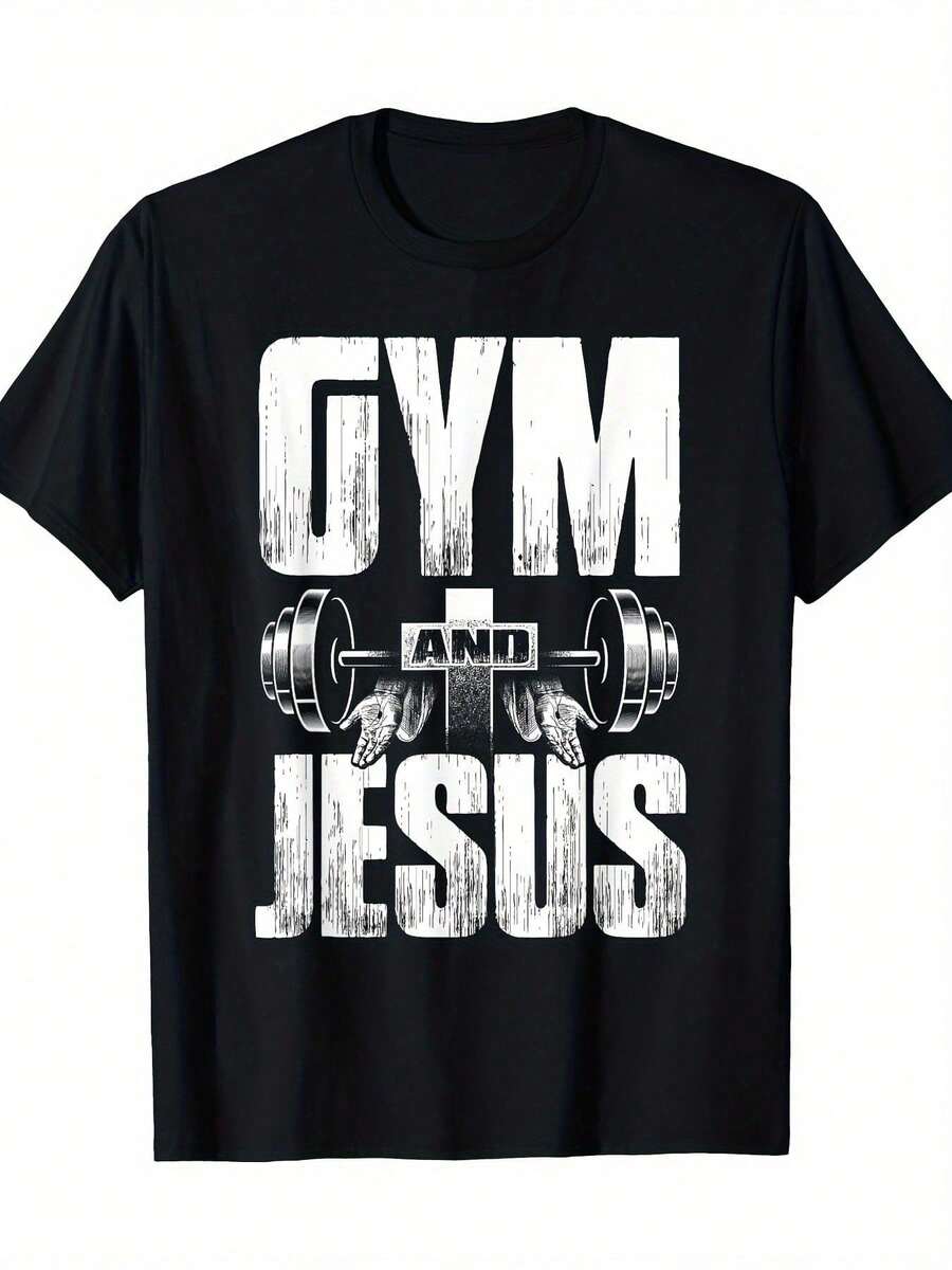 1pc Jesus Fitness T-Shirt: 100% Cotton, Crew Neck, Short Sleeves, 200gsm. Casual For Weekends And All Seasons. Ideal For Valentine's Day, New Year's, Father's Day, And Christmas. - 黑色 - 查看 1
