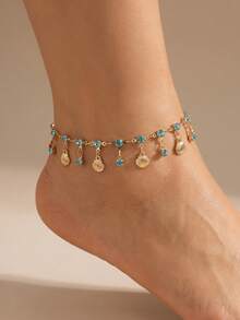 1pc Fresh Ocean Style Tassel Rhinestone Anklet, Beach Vacation Foot Jewelry - one-size - View 1