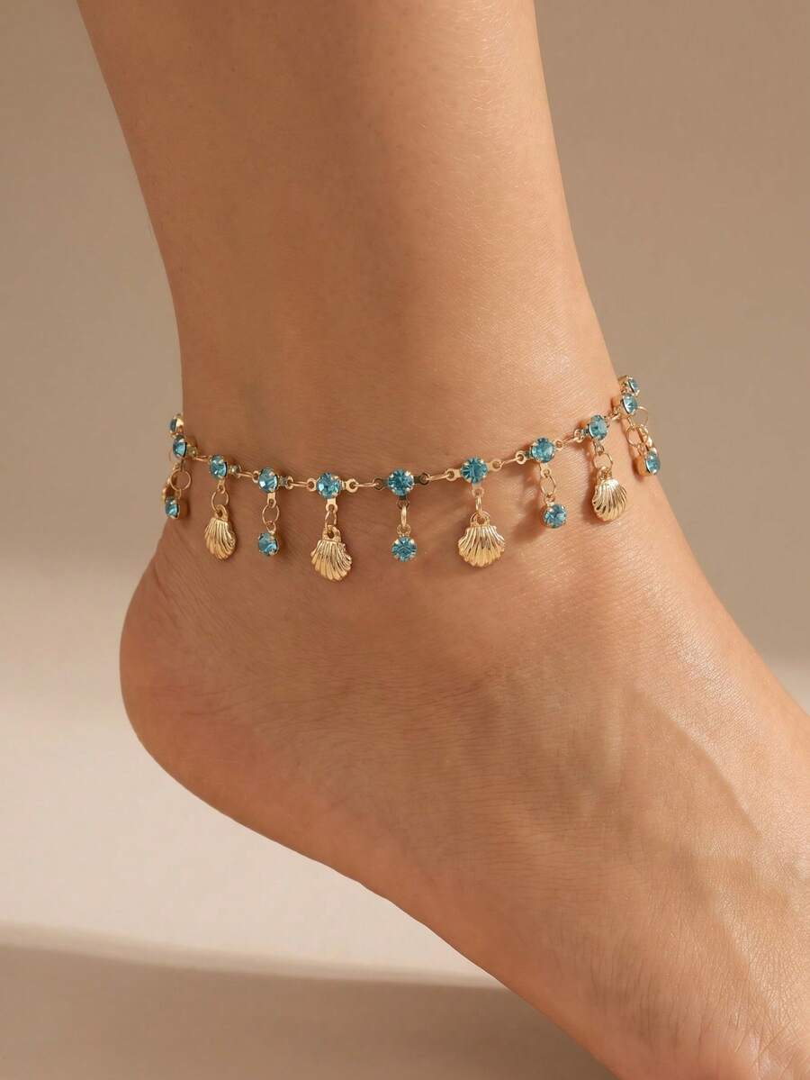 1pc Fresh Ocean Style Tassel Rhinestone Anklet, Beach Vacation Foot Jewelry - one-size - View 1