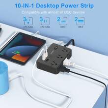 Regleta con protector de sobretensión de 5 pies y enchufe plano, 6 tomas de corriente espaciadas + 4 puertos USB, extensor de toma de corriente montable en la pared, esencial para hogar, oficina y dormitorio - Negro - Ver 3