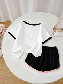 2pcs/Set Big Girls Outfit, Strawberry Print T-Shirt And Shorts, Cute Soft Summer Comfortable Casual - Black - View 2