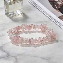 Asymmetric Natural Gemstone Bracelet, Elastic Chip Stone Beads, Rose Quartz Crystal Bracelet, Women's Bracelet, Valentine's Day Gift - Baby Pink - View 2