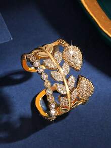 1 chiếc nhẫn hở sang trọng hình lá 3 lớp đính đá Cubic Zirconia, màu vàng, phù hợp cho nữ, quà tặng trang sức cho đám cưới, lễ đính hôn, kỷ niệm, tiệc tùng. - vàng - Xem 5