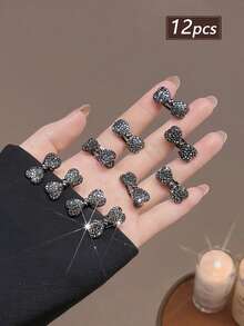 6/12pcs Women's Luxury Small Faux Rhinestone Bow Hair Clips, Exquisite Side Bangs Clips, Flyaway Hair Pins, Fashion Alligator Hair Clips, Suitable For Side Bangs, Forehead Flyaways, Perfect Gift For Girlfriend, Back To School Season, Dates, Beach Vacation, Practical Hair Accessory Gift! - Black - View 7