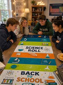 1pc STEM Education Science Theme Table Runner, Fun Polyester Rectangular Lab Party Tabletop Decor, Suitable For Classroom Parties, Adult Group Games, Couple Interaction, Boys & Girls Activities And Team Building Supplies - Multicolor 1 - View 3