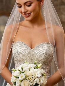 Exquisite Beaded Bridal Veil, Simple And Elegant, With Hair Comb, Wedding Dress Accessory - Multicolor - View 3