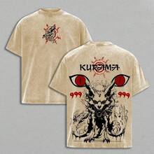Camiseta Kurama Sharingan con Efecto Lavado – Camiseta y Sudadera con Diseño Gráfico de Anime de Estilo Vintage Lavado, Diseño de Arte de Fans del Zorro de las Nueve Colas, Ropa Urbana Unise - Albaricoque - Ver 1